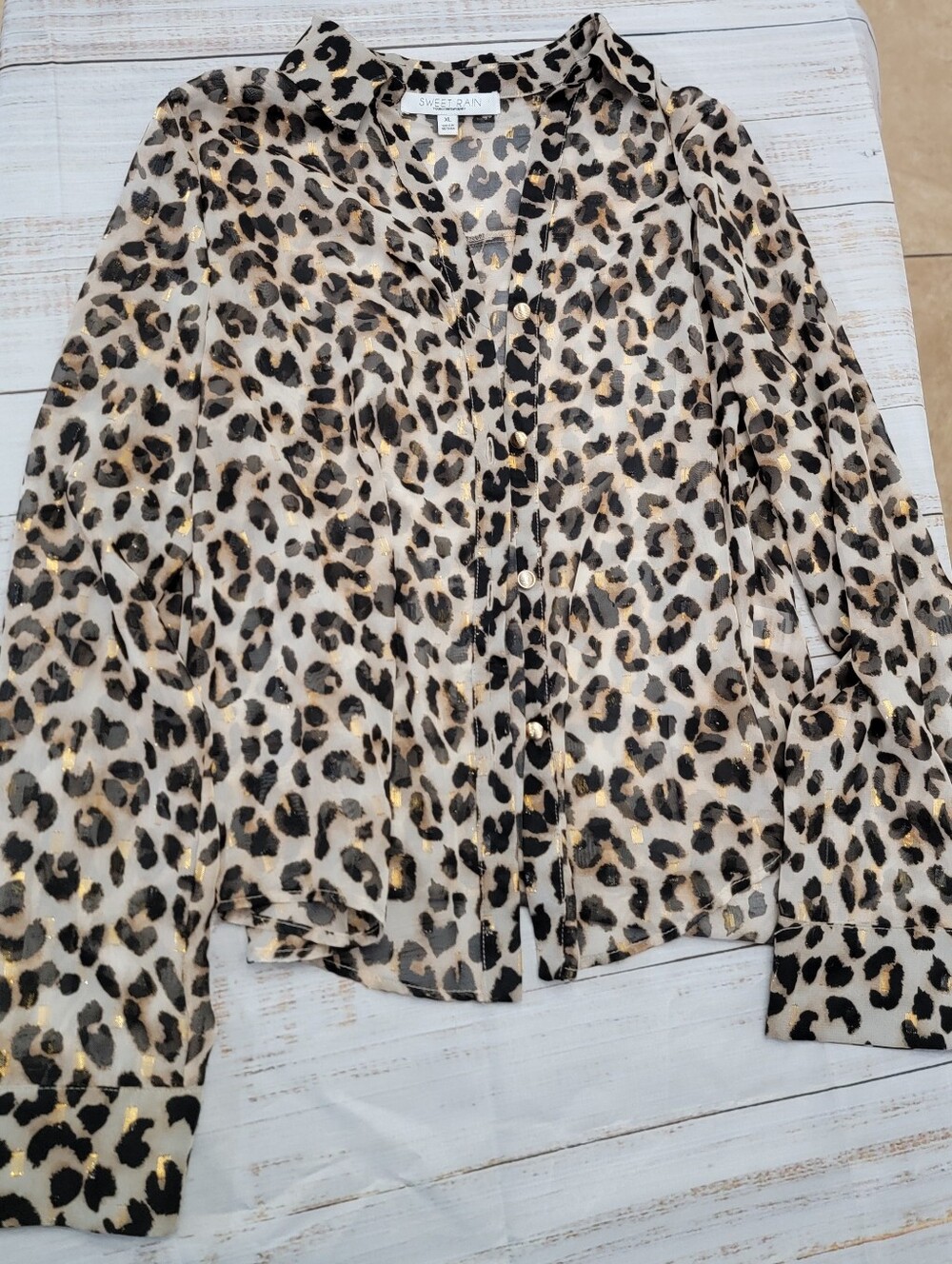 Sweet Rain Beige Leopard Print Button-Front Shirt with Gold Accents